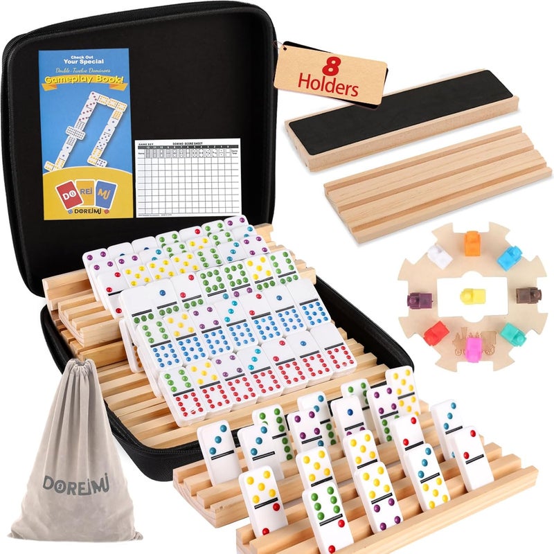 Doreimi Store Upgraded Mexican Train Dominoes Set with 8 Wooden Holders, Double 12 Dominos Set for Kids, Adults Travel Domino Train Set with 91 Tiles and Carry Case, Classic Board Games for Family Night - Image 1